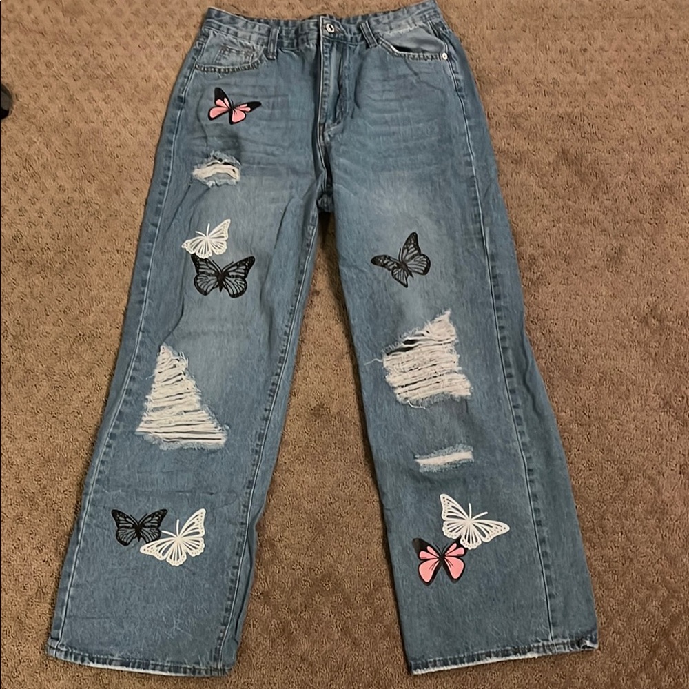 SHEIN Blue Straight Leg Jeans with Butterfly Accents
